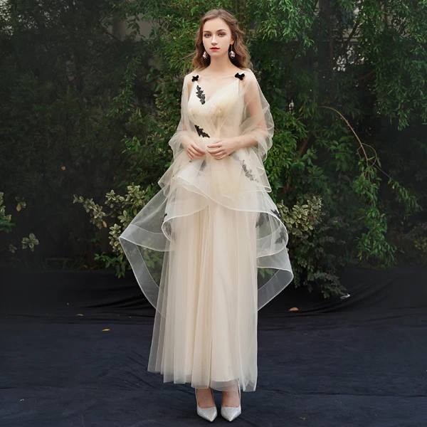 Elegant Champagne Evening Dresses 2019 A-Line / Princess Spaghetti Straps Lace Appliques Sleeveless Backless Ankle Length Formal Dresses