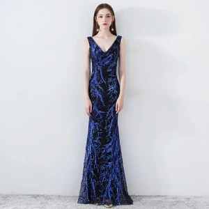 Chic Belle Bleu Roi Robe De Soirée 2019 Trompette Sirène V Cou Sans Manches Paillettes Dos Nu Longue Robe De Ceremonie