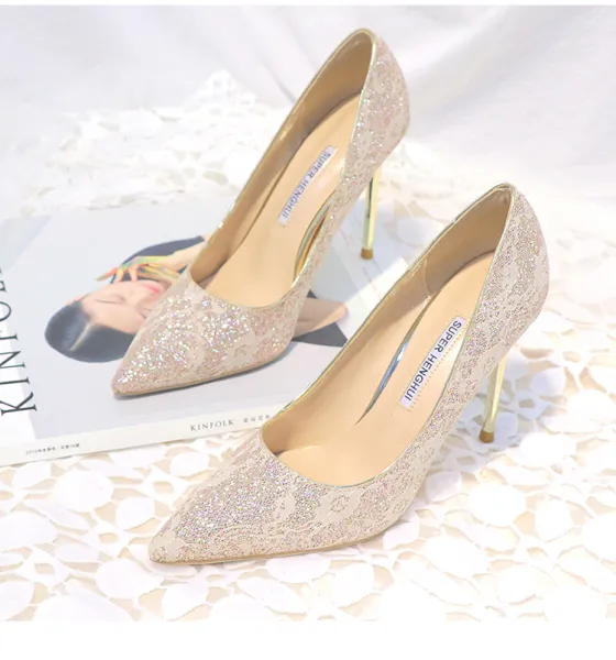 Chic / Beautiful Gold Womens Shoes 2019 Lace Sequins 10 cm Stiletto Heels Pointed Toe Pumps