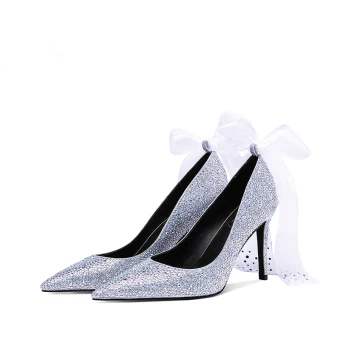 Luksusowe Błyszczące Srebrny Buty Ślubne 2019 Kokarda Skórzany Rhinestone 9 Cm Szpilki Szpiczaste Ślub Czółenka