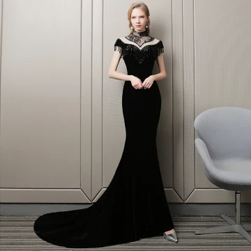 Stunning Black Evening Dresses 2018 Trumpet Mermaid Beading Tassel Suede High Neck Short Sleeve Court Train Formal Dresses