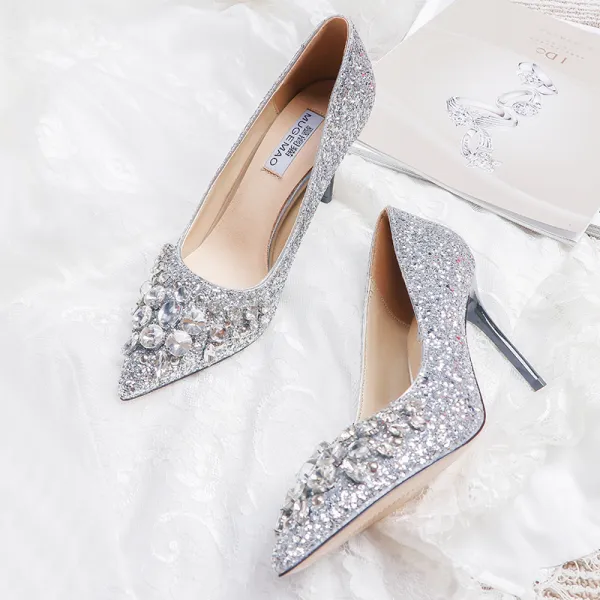 Sparkly Silver Wedding Shoes 2019 Leather Beading Crystal Rhinestone Sequins 10 cm Stiletto Heels Round Toe Wedding Pumps