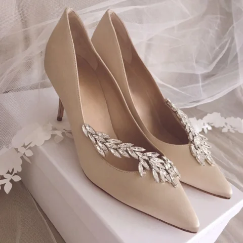 Schöne Champagner Brautschuhe 2019 Leder Kristall 10 cm Stilettos Spitzschuh Hochzeit Pumps