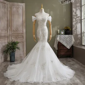 Fashion White Trumpet Mermaid Wedding Dresses 2021 Off The Shoulder Glitter Sequins Lace Flower Sleeveless Backless Cathedral Train Wedding