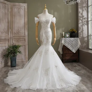 Fashion White Trumpet Mermaid Wedding Dresses 2021 Off The Shoulder Glitter Sequins Lace Flower Sleeveless Backless Cathedral Train Wedding