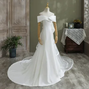 Elegant Ivory Trumpet Mermaid Satin Wedding Dresses 2021 Off The Shoulder Short Sleeve Backless Cathedral Train