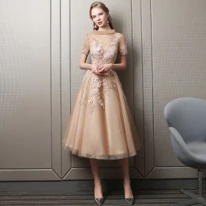 Chic Belle Champagne De Retour Robe De Graduation 2018 Princesse Dentelle Appliques Faux Diamant Paillettes Encolure Dégagée Manches Courtes Thé Longueur Robe De Ceremonie