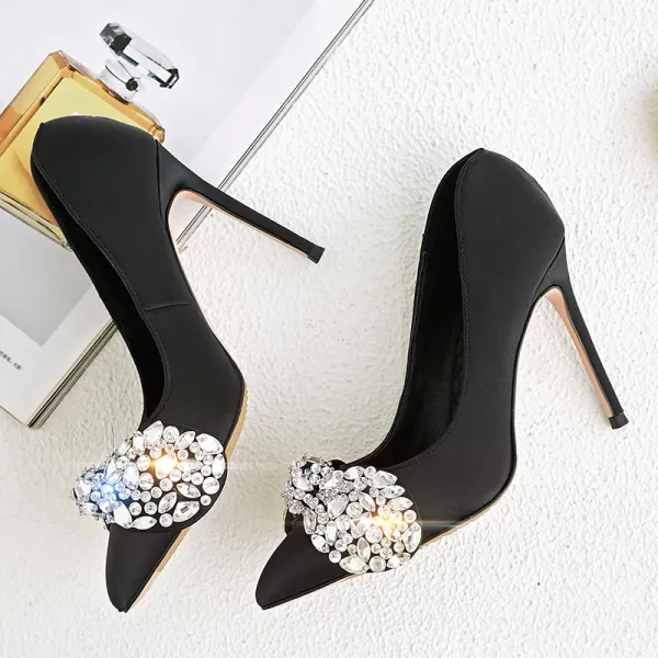 Chic Belle Noire Soiree Escarpins 2019 Cuir Cristal Faux Diamant 10 cm Talons Aiguilles A Bout