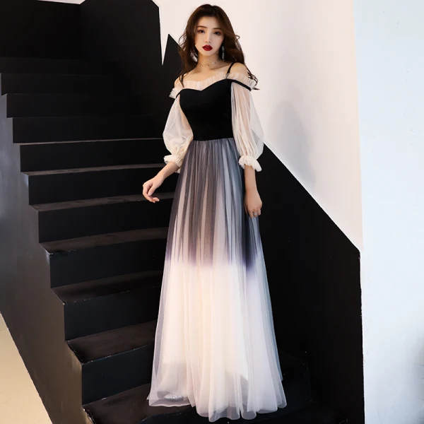Modern / Fashion Gradient-Color Black Evening Dresses 2019 A-Line / Princess Spaghetti Straps Pleated 3/4 Sleeve Backless Floor-Length / Long Formal