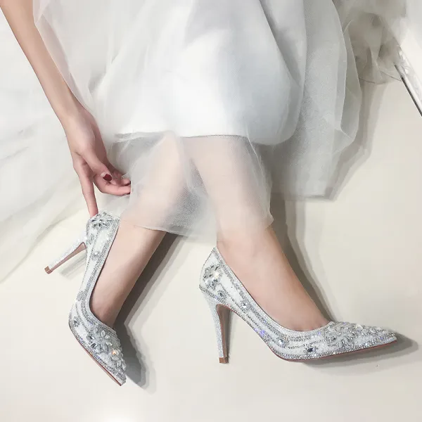 Sparkly Silver Wedding Shoes 2019 Leather Crystal Rhinestone 9 cm Stiletto Heels Pointed Toe Wedding Pumps