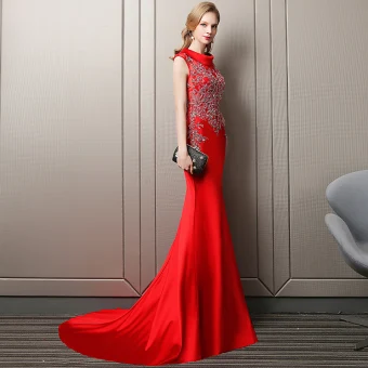 Charming Red Evening Dresses 2018 Trumpet Mermaid Pearl Sequins Scoop Neck Sleeveless Court Train Formal Dresses