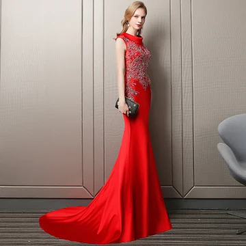 Charming Red Evening Dresses 2018 Trumpet Mermaid Pearl Sequins Scoop Neck Sleeveless Court Train Formal Dresses