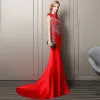 Charming Red Evening Dresses  2018 Trumpet / Mermaid Pearl Sequins Scoop Neck Sleeveless Court Train Formal Dresses