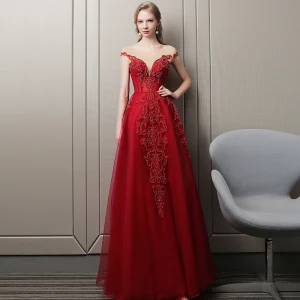Luxe Bordeaux Robe De Soirée 2018 Princesse Cristal Perlage En Dentelle Fleur Encolure Dégagée Dos Nu Mancherons Longue Robe De Ceremonie