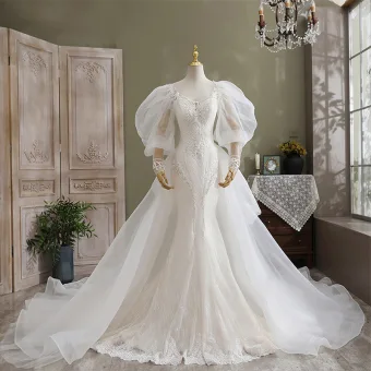 Luxe Ivoire Trompette Sirène Robe De Mariée 2021 V Cou Perlage Perle En Dentelle Fleur Manches Longues Dos Nu Cathedral Train Mariage