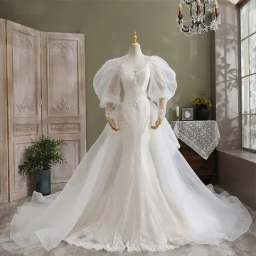 Lyx Elfenben Trumpet Sjöjungfru Bröllopsklänningar 2021 V Hals Beading Pärla Spets Blomma Långärmad Halterneck Cathedral Train Bröllop