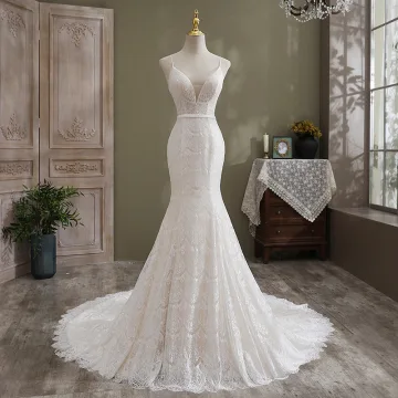 Sexy Simple Ivoire Trompette Sirène Robe De Mariée 2021 Bretelles Spaghetti Sans Manches Dos Nu En Dentelle Fleur Cathedral Train Mariage