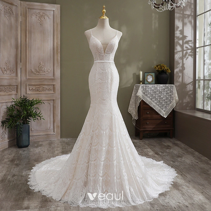 Sexy Simple Ivoire Trompette Sirene Robe De Mariee 2021 Bretelles Spaghetti Sans Manches Dos Nu En Dentelle Fleur Cathedral Train Mariage