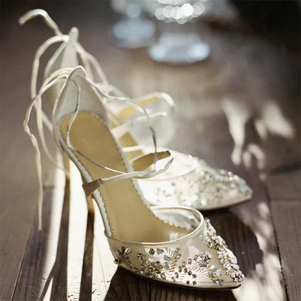 Amazing / Unique Ivory Handmade  Wedding Shoes 2019 Rhinestone Crystal 8 cm Stiletto Heels X-Strap Pointed Toe Wedding High Heels