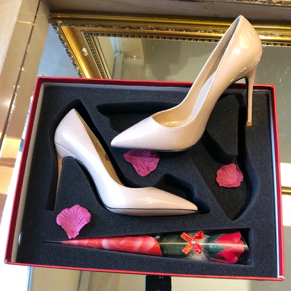 Sencillos Nude Charol Zapatos de novia 2019 10 cm Stilettos / Tacones De Aguja Punta Estrecha Boda Tacones