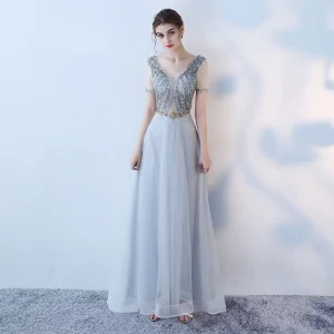 Élégant Gris Robe De Soirée 2019 Princesse V Cou Faux Diamant Paillettes Manches Courtes Métal Ceinture Dos Nu Longueur Cheville Robe De Ceremonie