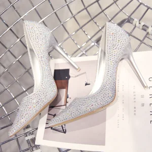 Scintillantes Argenté Chaussure De Mariée 2019 Cuir Faux Diamant Paillettes 10 Cm Talons Aiguilles À Bout Pointu Mariage Escarpins