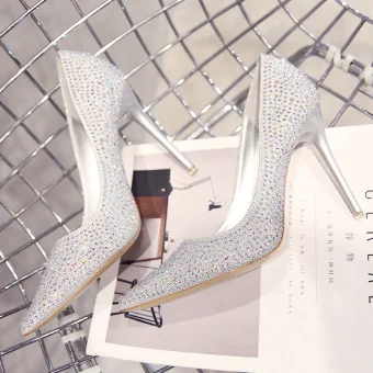 Błyszczące Srebrny Buty Ślubne 2019 Skórzany Rhinestone Cekiny 10 Cm Szpilki Szpiczaste Ślub Czółenka