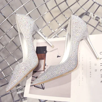 Scintillantes Argenté Chaussure De Mariée 2019 Cuir Faux Diamant Paillettes 10 Cm Talons Aiguilles À Bout Pointu Mariage Escarpins