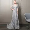 Elegant Silver Star Evening Dresses  2018 A-Line / Princess Lace Crystal Beading V-Neck Backless 1/2 Sleeves Sweep Train Formal Dresses