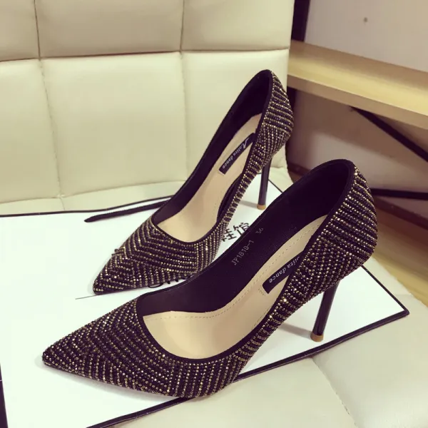Chic / Beautiful Black Gold Evening Party Pumps 2019 Rhinestone 10 cm Stiletto Heels Pointed Toe Pumps
