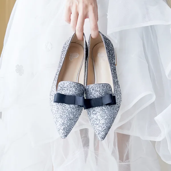 Sparkly Silver Wedding Shoes 2019 Sequins Bow Pointed Toe Flat