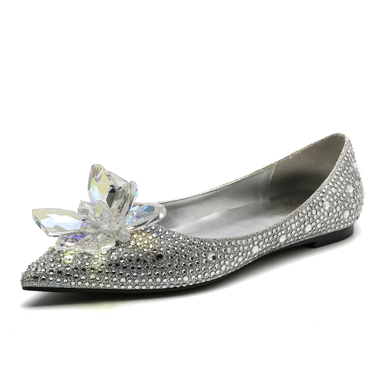 Luxury Gorgeous Baroque Cinderella Silver Womens Shoes 2019 Crystal Rhinestone Pointed Toe Flat