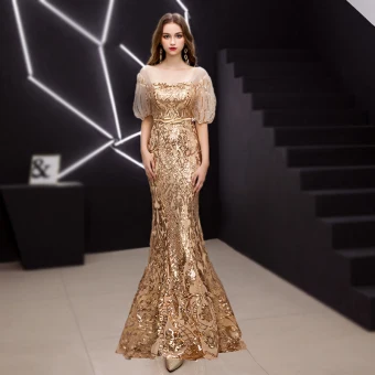 Scintillantes Doré Robe De Soirée 2019 Trompette Sirène Encolure Carrée Paillettes Manches Courtes Dos Nu Ceinture Longue Robe De Ceremonie