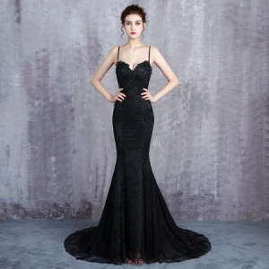 Charmant Noire Robe De Soirée 2019 Trompette Sirène Bretelles Spaghetti Dentelle Fleur Perlage Paillettes Sans Manches Dos Nu Tribunal Train Robe De Ceremonie
