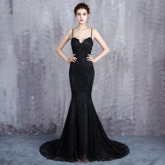 Charmant Noire Robe De Soirée 2019 Trompette Sirène Bretelles Spaghetti Dentelle Fleur Perlage Paillettes Sans Manches Dos Nu Tribunal Train Robe De Ceremonie