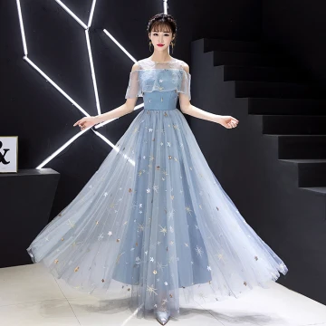 Elegant Sky Blue Evening Dresses 2019 A Line Princess Scoop Neck Lace Sequins Appliques Short Sleeve Floor Length Long Formal Dresses