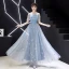 Elegant Sky Blue Evening Dresses  2019 A-Line / Princess Scoop Neck Lace Sequins Appliques Short Sleeve Floor-Length / Long Formal Dresses