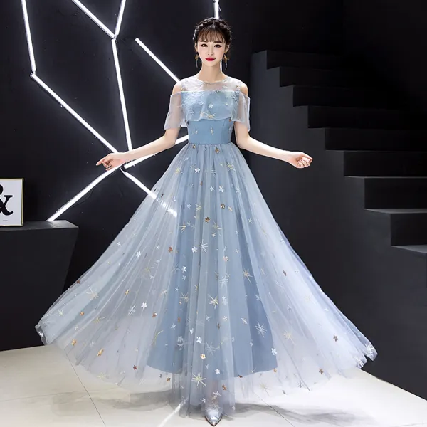 Elegant Sky Blue Evening Dresses  2019 A-Line / Princess Scoop Neck Lace Sequins Appliques Short Sleeve Floor-Length / Long Formal Dresses