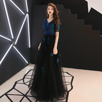 Chic Belle Bleu Marine Robe De Soirée 2019 Princesse V Cou En Dentelle Fleur Perlage Cristal Manches Courtes Dos Nu Longue Robe De Ceremonie
