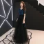 Chic / Belle Bleu Marine Robe De Soirée 2019 Princesse V-Cou En Dentelle Fleur Perlage Cristal Manches Courtes Dos Nu Longue Robe De Ceremonie