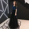 Piękne Granatowe Sukienki Wieczorowe 2019 Princessa V-Szyja Z Koronki Kwiat Frezowanie Kryształ Kótkie Rękawy Bez Pleców Długie Sukienki Wizytowe