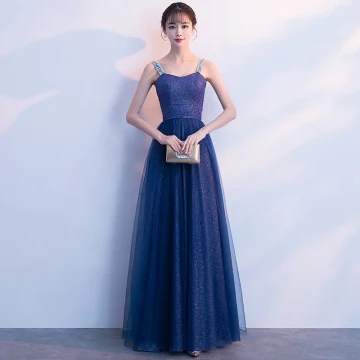 Chic Belle Glitter Bleu Marine Robe De Soirée 2018 Princesse Bretelles Spaghetti Dos Nu Sans Manches Longue Robe De Ceremonie