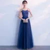 Chic / Belle Glitter Bleu Marine Robe De Soirée 2018 Princesse Bretelles Spaghetti Dos Nu Sans Manches Longue Robe De Ceremonie