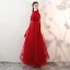 Chic / Beautiful Red Prom Dresses 2018 A-Line / Princess Appliques Lace Bow Scoop Neck Sleeveless Ankle Length Formal Dresses