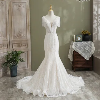 Charming White Trumpet Mermaid Wedding Dresses 2021 V Neck Beading Tassel Lace Flower Sleeveless Backless Cathedral Train Wedding