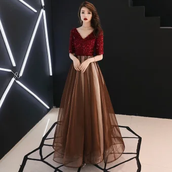 Moderne Mode Bordeaux Robe De Soirée 2019 Princesse V Cou Gland Paillettes 1 2 Manches Dos Nu Longue Robe De Ceremonie