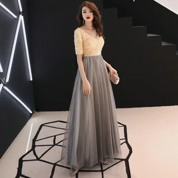 Moderne Mode Champagne Robe De Soirée 2019 Princesse V Cou Gland Paillettes 1 2 Manches Dos Nu Longue Robe De Ceremonie
