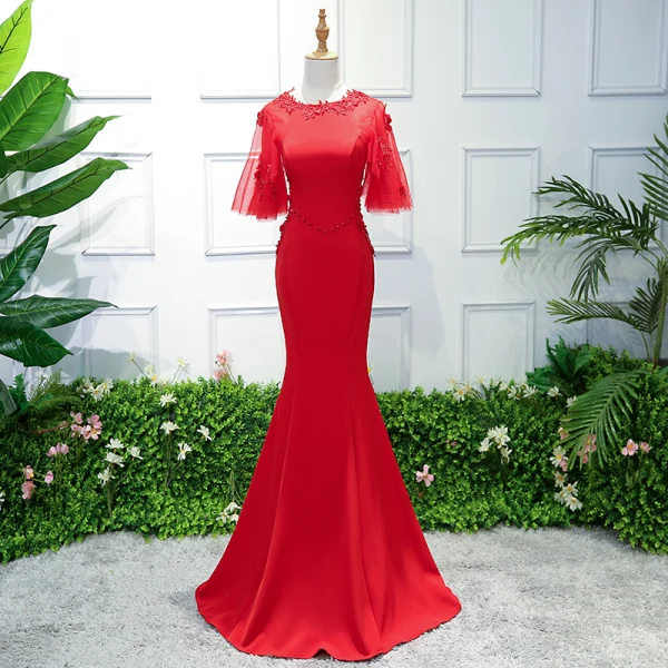 Chic / Belle Bordeaux Robe De Soirée 2019 Trompette / Sirène Encolure Dégagée 1/2 Manches En Dentelle Fleur Perlage Paillettes Train De Balayage Robe De Ceremonie