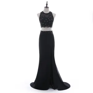 Chic Beautiful 2 Piece Black Evening Dresses 2018 Trumpet Mermaid Scoop Neck Sleeveless Beading Lace Flower Sequins Rhinestone Backless Sweep Train Formal Dresses