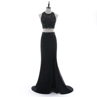 Chic Beautiful 2 Piece Black Evening Dresses 2018 Trumpet Mermaid Scoop Neck Sleeveless Beading Lace Flower Sequins Rhinestone Backless Sweep Train Formal Dresses